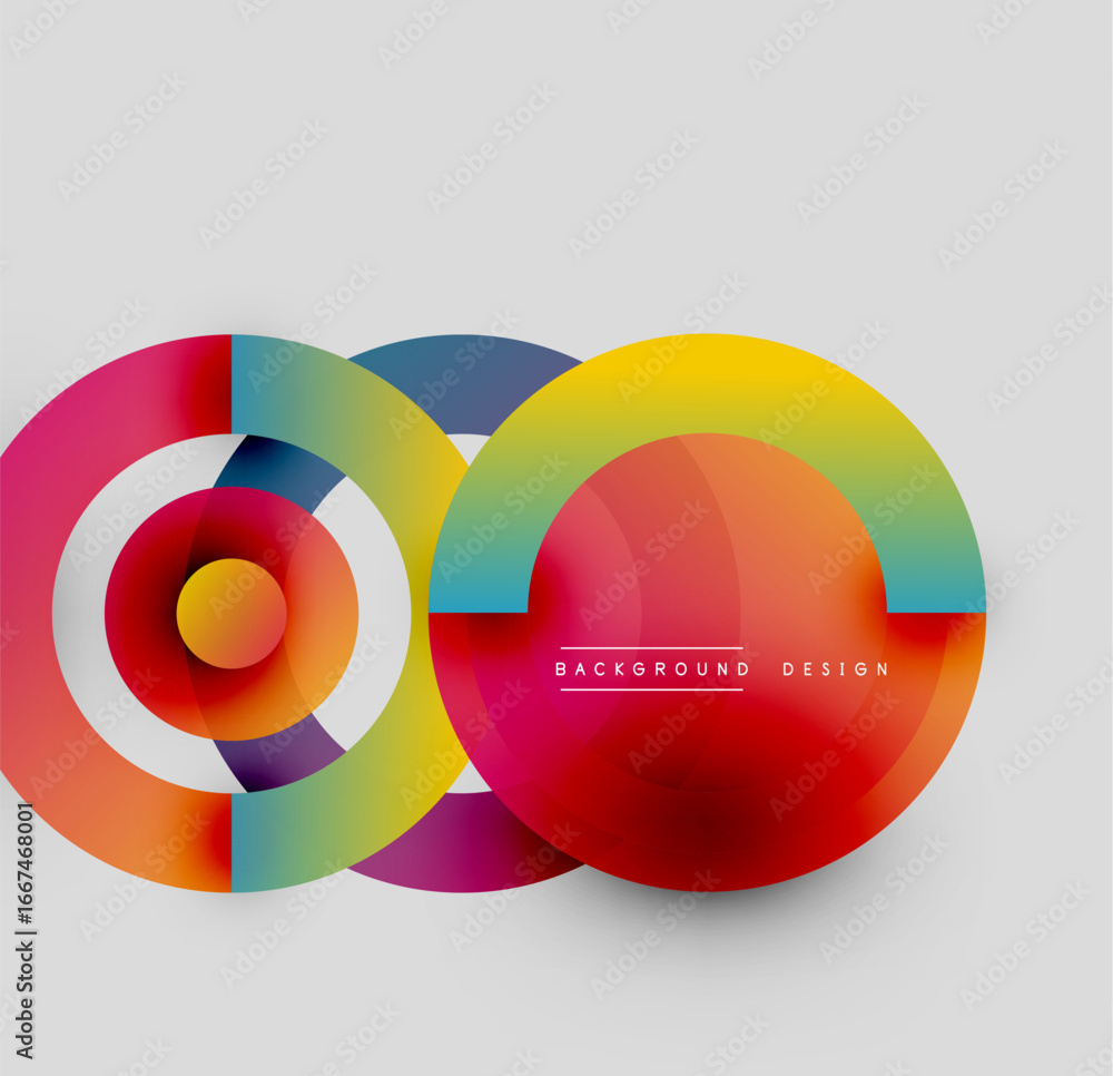 Poster colorful overlapping circles create abstract design. gradient hues blend, forming vibrant visual com