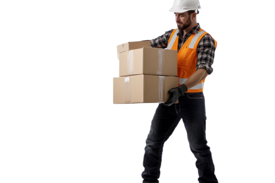 Construction worker carries a stack of cardboard boxes carefully.
