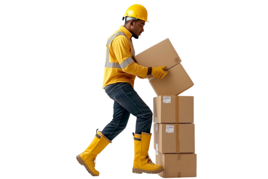 Delivery worker carrying boxes isolated on black background
