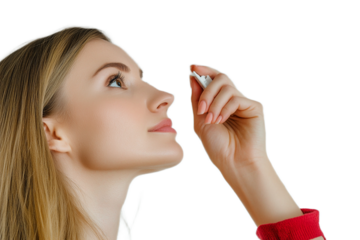 Woman applying eye drops for relief and hydration.