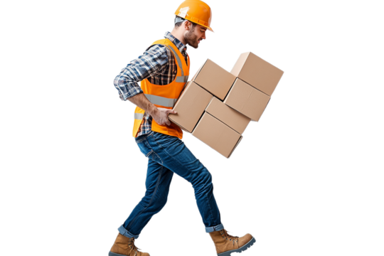 Worker carries heavy boxes wearing safety gear, studio shot