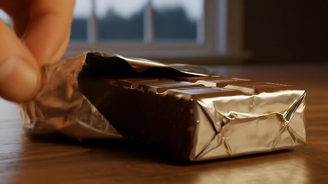 Chocolate bar unwrapping in warm light, enticing treat, perfect for gourmet food content