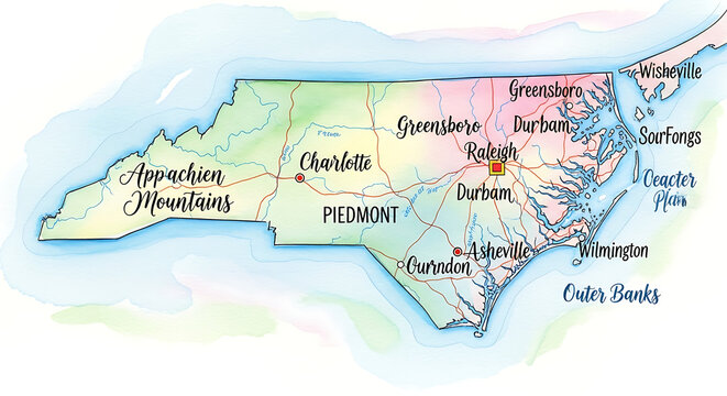 A colorful watercolor illustration of a map of North Carolina showing major cities and regions.