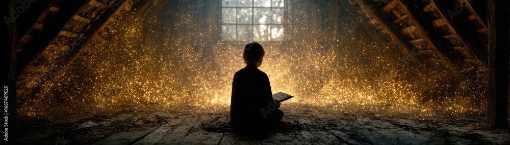 Poster magic and fantasy with lighted book concept. a child enjoys reading in a magical, illuminated attic 