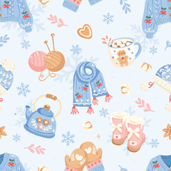Cute Winter Cozy Seamless Pattern, Christmas Knitted Sweater Scarf Boots Gloves Tea Cup Snowflakes, Kawaii Holiday Digital Paper