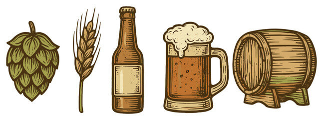 Beer icon set vector: craft, brew, hops, mug, barrel - perfect for oktoberfest designs