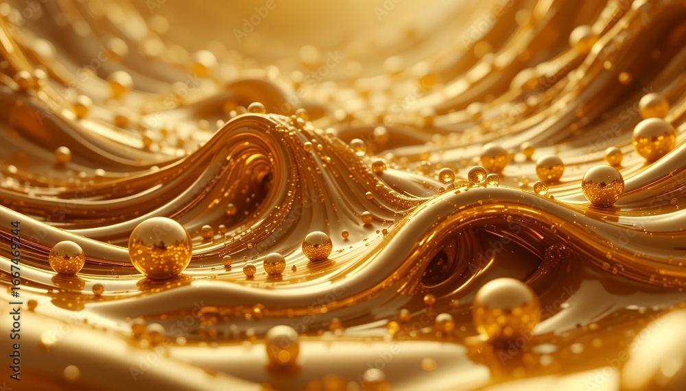 Poster Close up view of flowing golden liquid with multiple shiny reflective spheres creating a luxurious