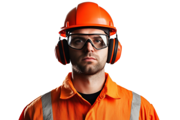 Focused construction worker wearing safety gear on black backdrop