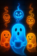 Three glowing ghosts sip neon coffee—magical steam, spooky symbols, and cozy Halloween vibes.