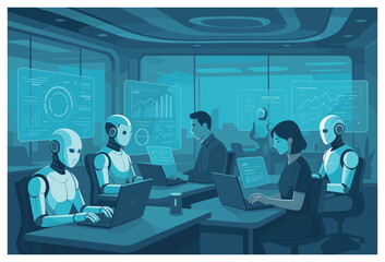 Futuristic office vector: ai, robotics, technology, artificial intelligence workplace
