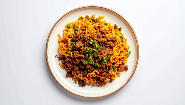 Plate of Filipino pancit palabok noodles topped with minced ingredients on a white background, styled for authentic food photography, stock imagery, and cultural cuisine features.