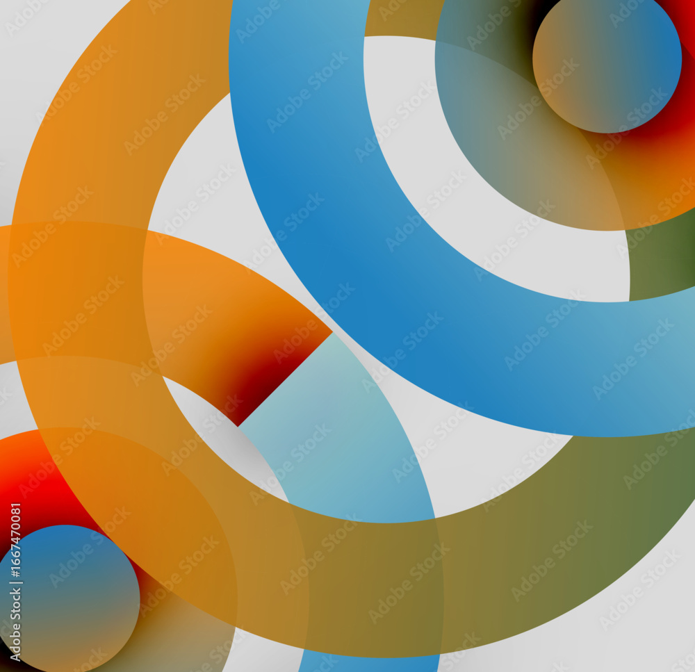 Poster Abstract composition. Overlapping circles create dynamic visual effect. Warm, cool colors blend, forming modern design.