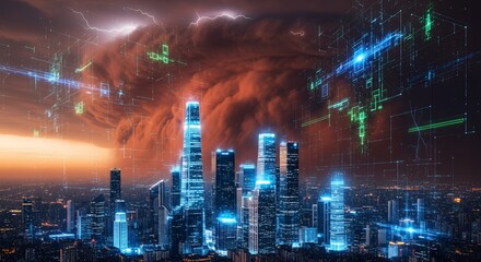 Obraz premium Digital Overlay of Dust Storm Over Modern Smart City Skyline