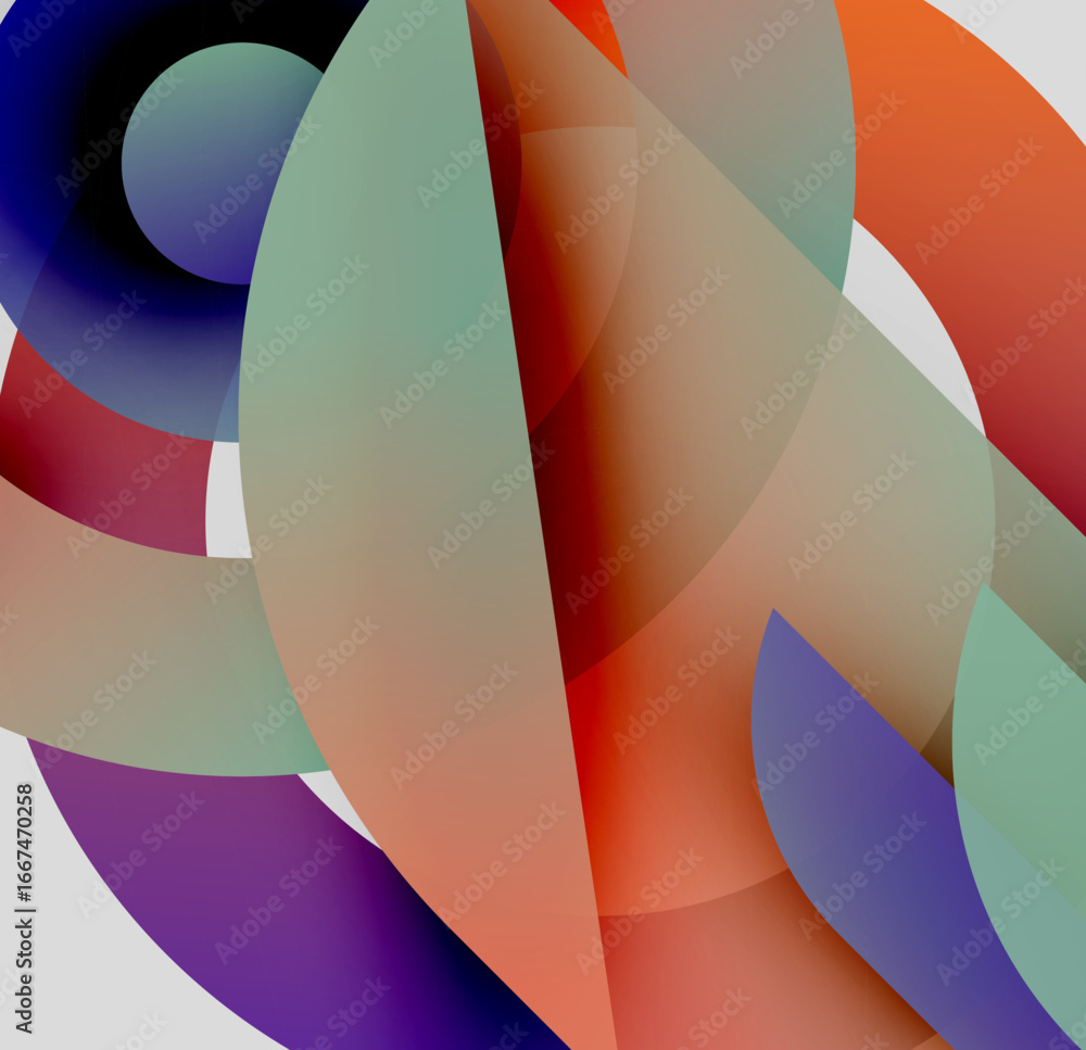 Poster Abstract composition. Overlapping colorful shapes create dynamic visual experience. Soft gradients, smooth transitions dominate design.