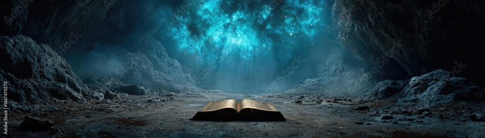 Poster magic and fantasy with lighted book concept. an open book illuminated by mystical light in a cave.