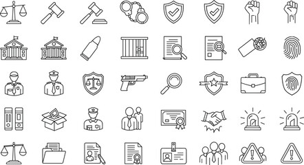 Law and justice icons set, legal protection, police security, court judgment, crime investigation, evidence, fingerprint, warning signs, minimal design
