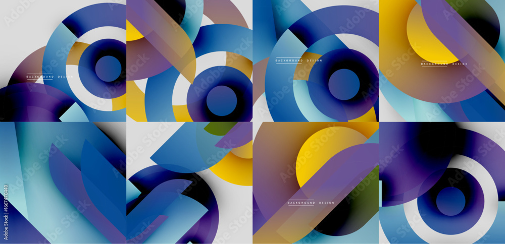 Poster abstract colorful designs. overlapping circles create dynamic visual patterns. gradient hues blend s