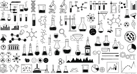 An illustration of various scientific laboratory equipment and chemical structures in black and white
