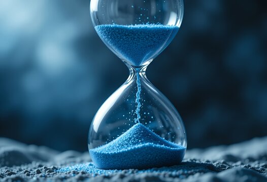 Close up of an elegant hourglass with vibrant blue sand flowing down showing time passing