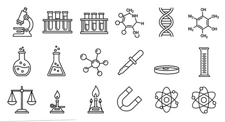 A collection of science laboratory equipment and molecule structures in outline style illustration