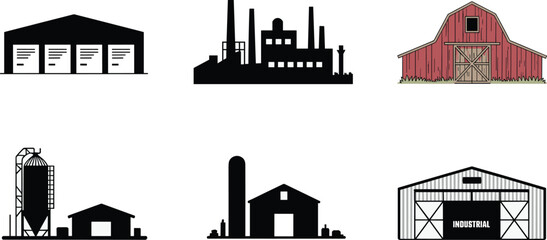 Industrial and farm building icon set, including barns, factories, silos, warehouses, perfect for agriculture, rural, commercial and manufacturing design.