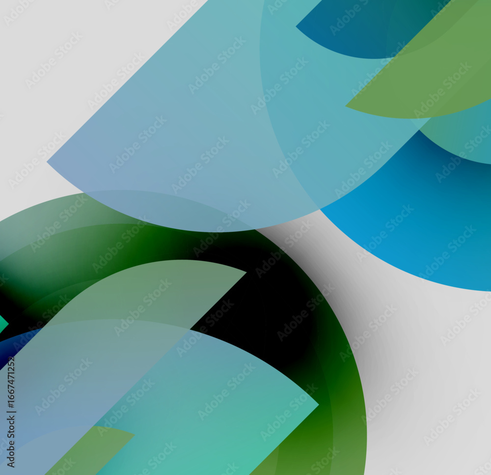 Poster abstract composition. overlapping translucent shapes create dynamic visual effect. cool greens, blue