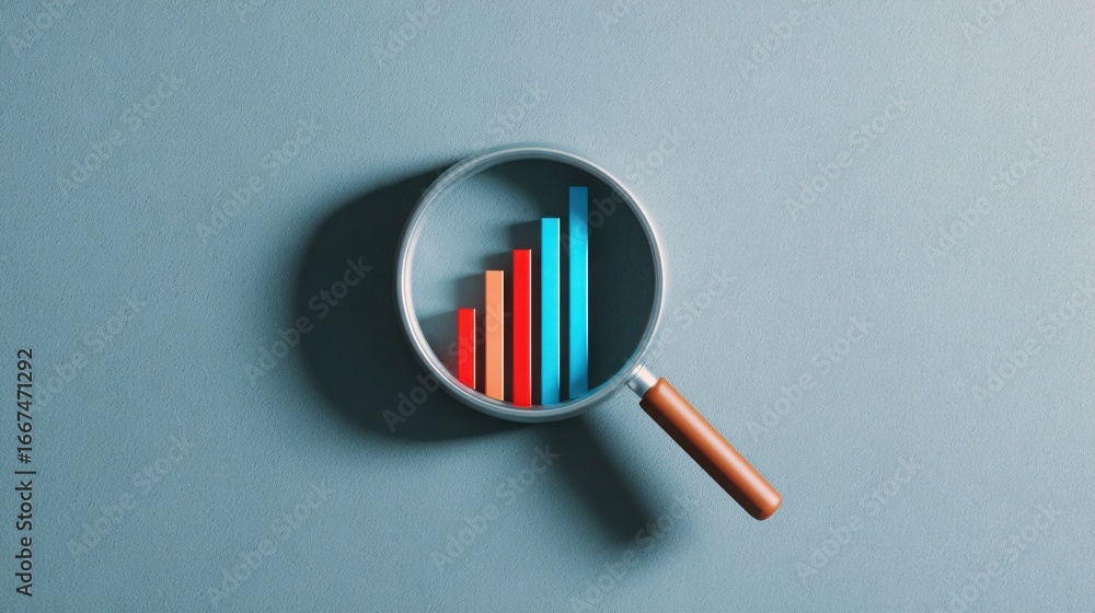 Poster magnifying glass over colorful bar chart representing framing bias detector concept with clean data 