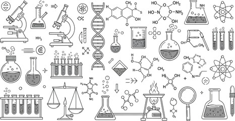 A collection of scientific diagrams and equipment in black and white outline style