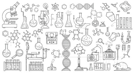Scientific doodle pattern featuring microscopes dna molecules flasks and other lab equipment sketches