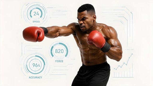 Strong Male Boxer Throwing Punch with Futuristic Holographic Fitness Data Overlays