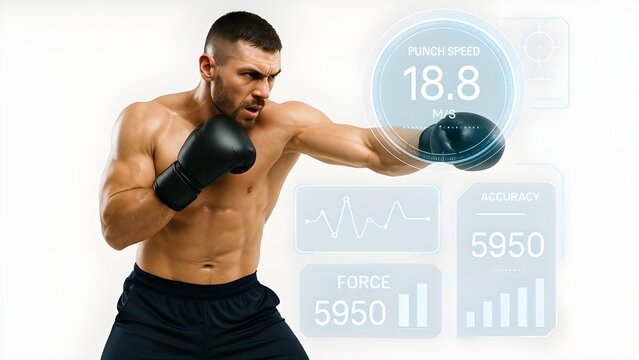 Strong Male Boxer Throwing Punch with Futuristic Holographic Fitness Data Overlays