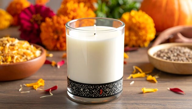 Autumn Candle, Floral Decor, Wooden Table