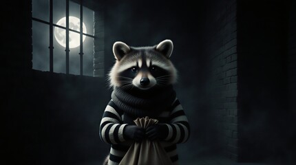raccoon in striped sweater holding bag by moonlit window in shadowy prison | animal, storytelling, fancy dress, costume, haunting theme