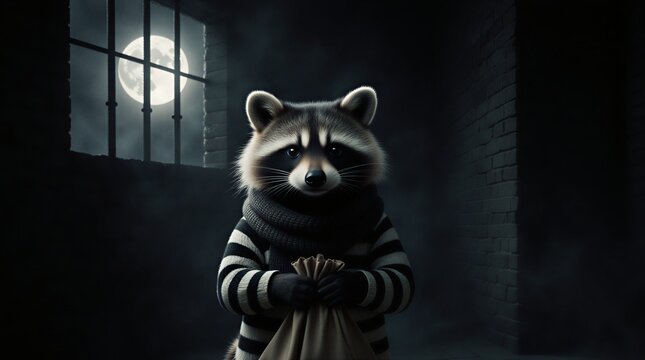 raccoon in striped sweater holding bag by moonlit window in shadowy prison | animal, storytelling, fancy dress, costume, haunting theme