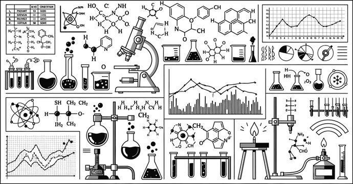 A collection of scientific diagrams featuring chemical structures and laboratory equipment and graphs displayed