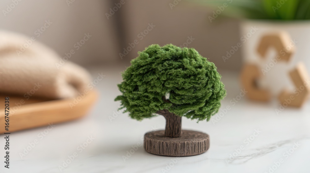 Poster a miniature tree placed on a table symbolizing an abstract decision tree concept and environmental c