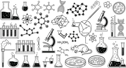 A monochrome illustration of laboratory equipment and molecular structures in a pattern design