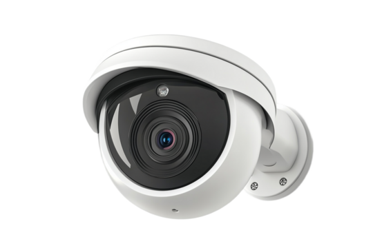 Modern white security camera on black studio backdrop
