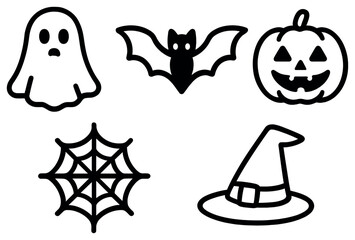 Fototapeta premium Minimalist halloween icons vector: ghost, bat, pumpkin, spider web, witch hat designs