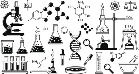 Black and white vector illustration of various science lab equipment and chemistry elements icons set