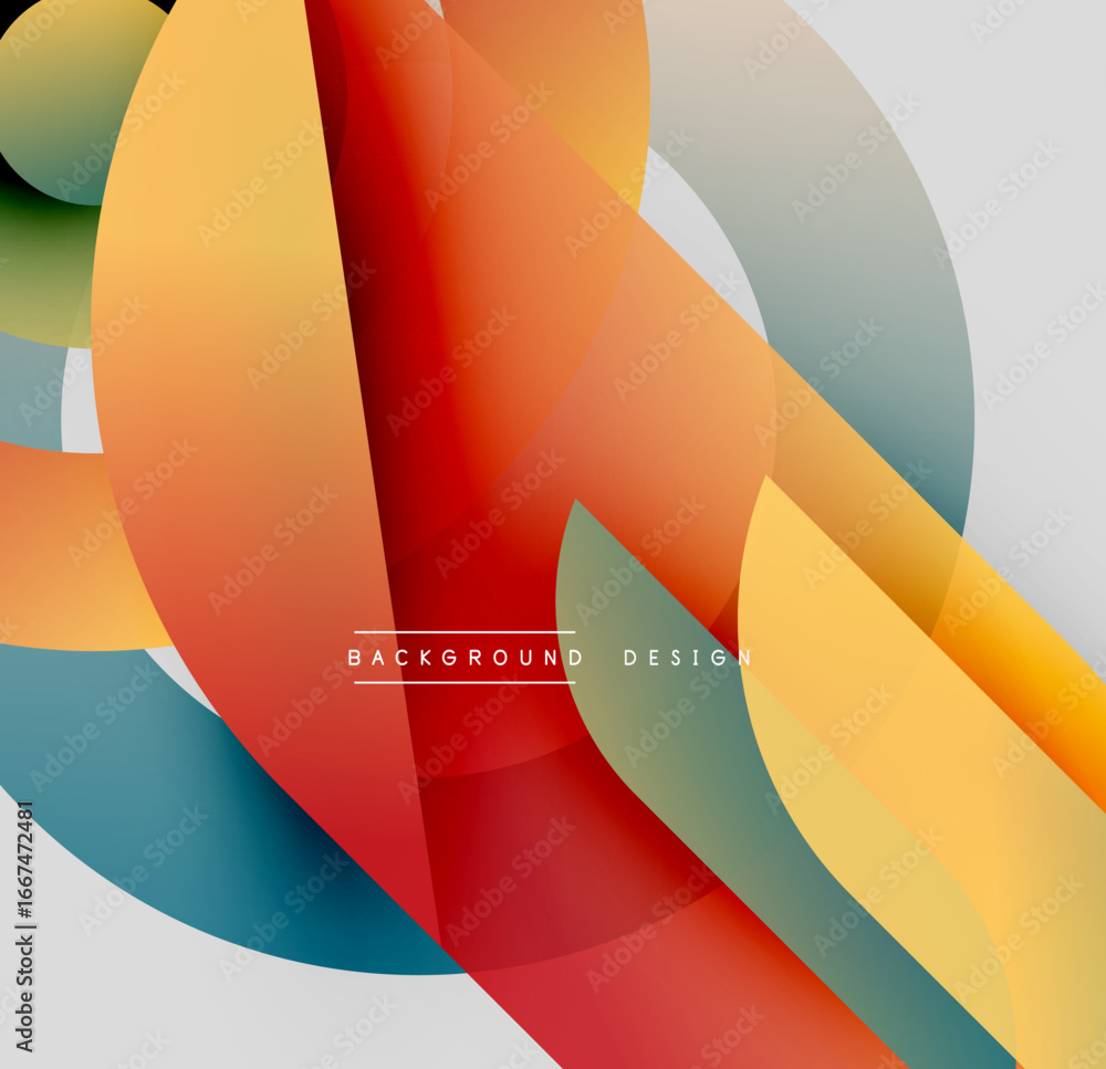 Poster abstract colorful shapes overlap, creating dynamic visual effect. gradient hues blend smoothly, form
