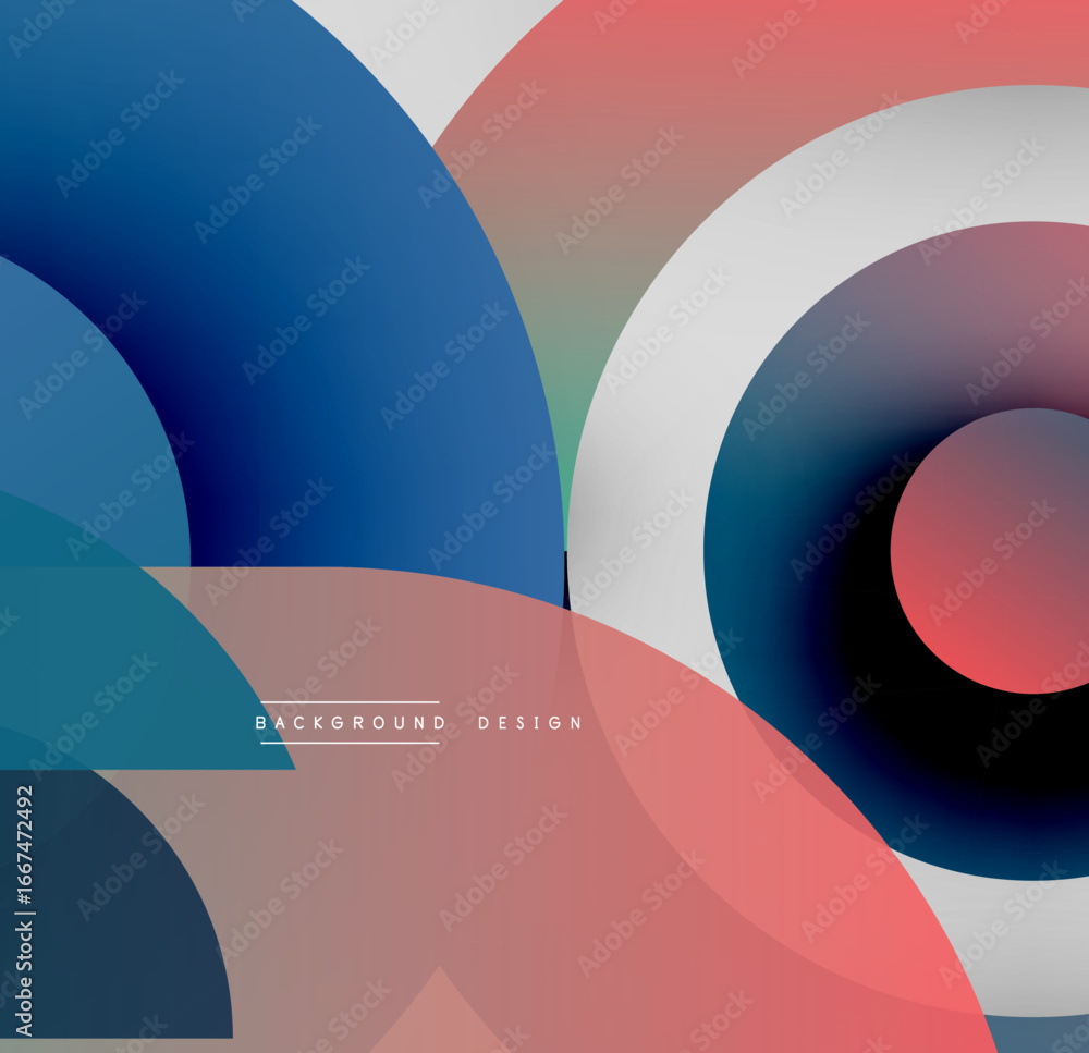 Poster abstract composition featuring overlapping circles, gradients. blue, red, teal hues create dynamic v