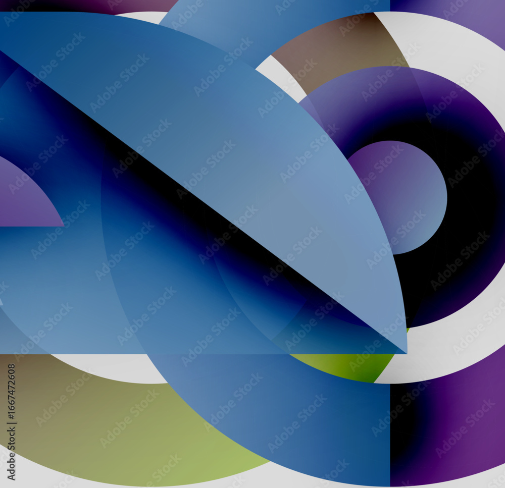 Poster abstract composition. overlapping shapes create dynamic visual experience. blues, purples, greens do