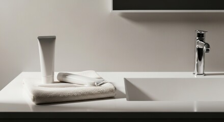 Clean Minimalist Bathroom Sink Counter with White Tubes, Towel, and Modern Chrome Faucet