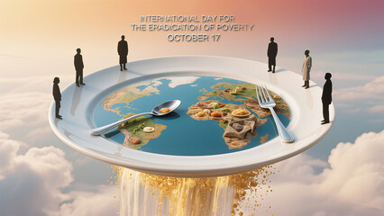 Plate, Earth, and People represent the resource balance for poverty alleviation, used for promoting poverty reduction concepts and global equity initiatives.