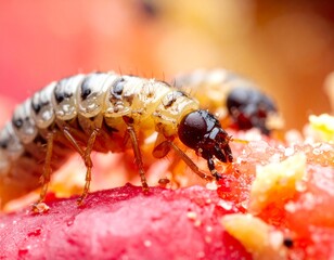 Close-up of two insect larvae feeding on a piece of red fruit, showing detail.