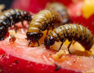 Close-up of several grub larvae with segmented bodies and dark heads feeding on a piece of red fruit.