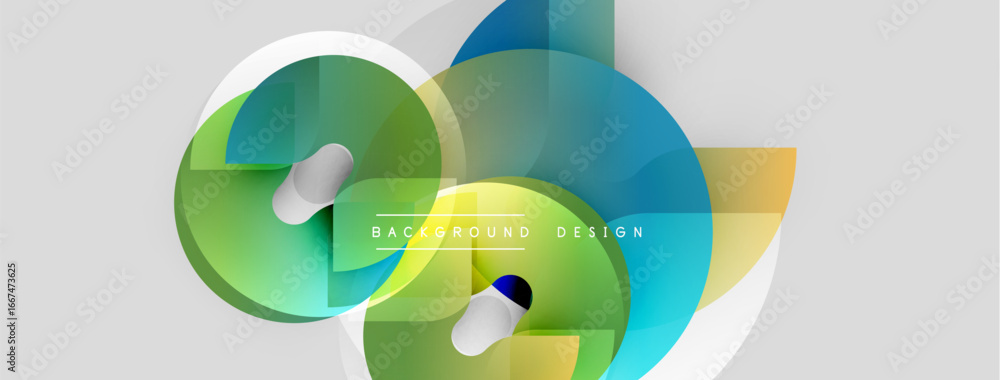 Poster abstract colorful shapes overlap, creating dynamic visual effect. smooth gradients blend green, blue