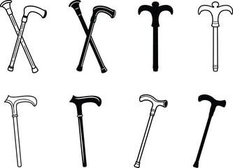 Collection of Antique and Modern Walking Canes and Sticks in Black and White.