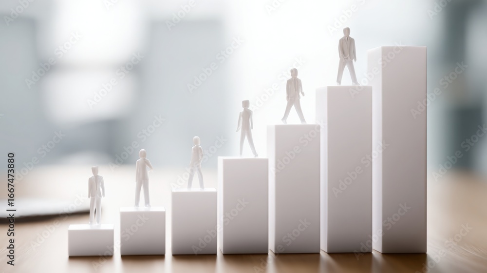 Poster individual standing on a bar chart representing growth and progress in business metrics and success 